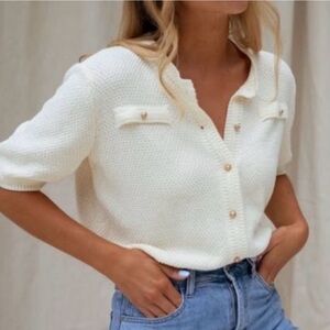 Atelier Evene Paris Cream Knit Short Sleeve Sweater Gold Elegant Cotton Wool S/M